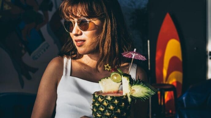 A smiling Asian woman in sunglasses and a white sleeveless top holds a pineapple juice cocktail in the summer sun.