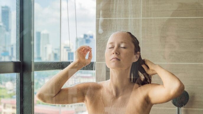 A woman showers behind glass, with water drops obscuring the view of a city skyline.