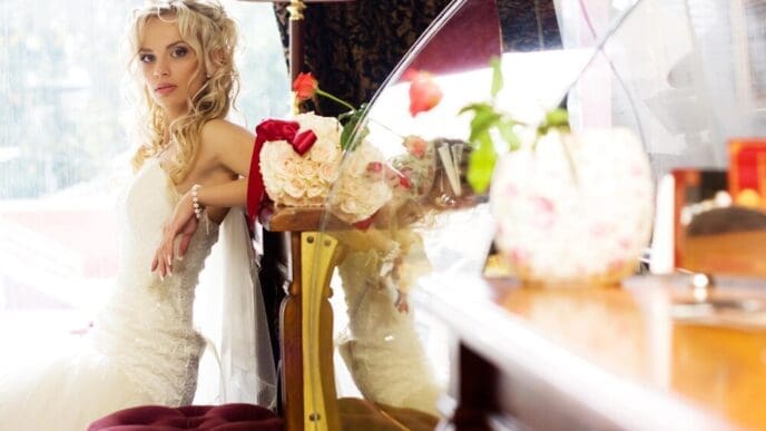 A young bride in a white wedding dress smiles.
