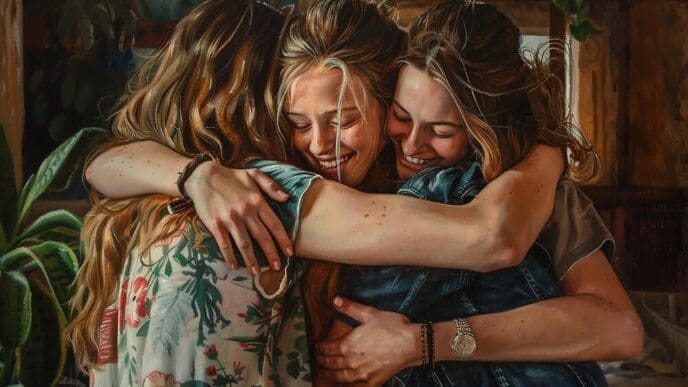 Two people, presumably best friends, embrace warmly at a family gathering.