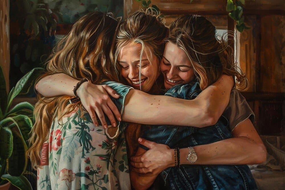 Two people, presumably best friends, embrace warmly at a family gathering.