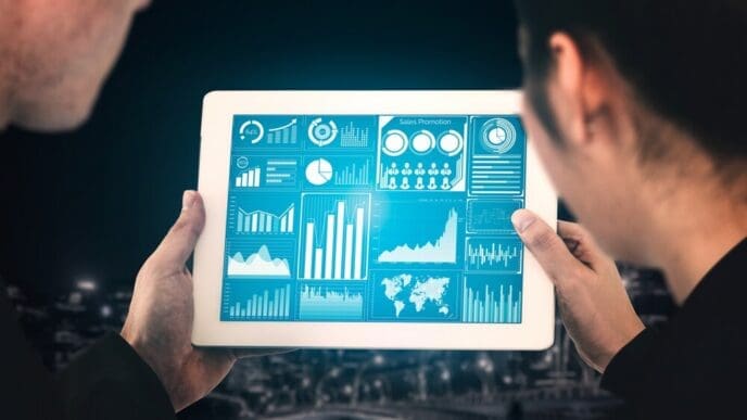 A visual representation of big data technology used in business finance, possibly with charts, graphs, and financial symbols.