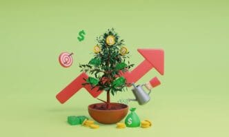 A 3D rendering depicts Bitcoin symbols growing like fruit on a tree, symbolizing cryptocurrency investment.