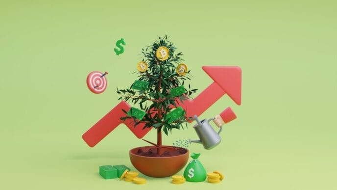 A 3D rendering depicts Bitcoin symbols growing like fruit on a tree, symbolizing cryptocurrency investment.