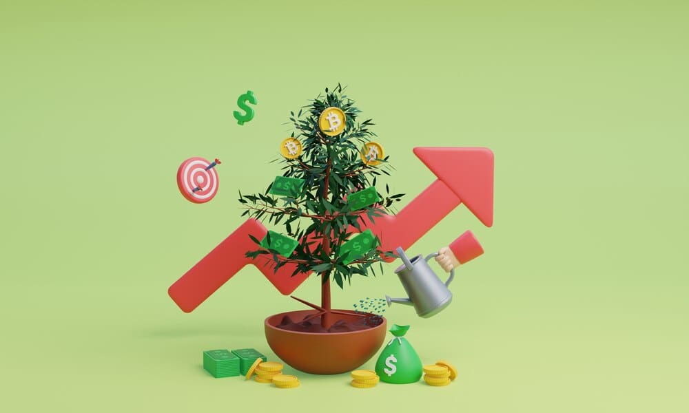A 3D rendering depicts Bitcoin symbols growing like fruit on a tree, symbolizing cryptocurrency investment.