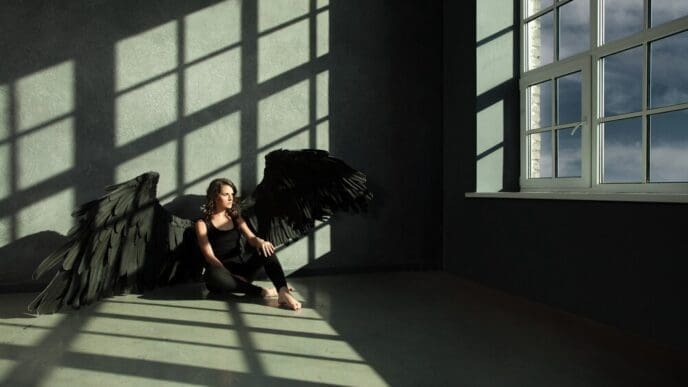 A black angel with outstretched wings looks out a window, representing the concept of freedom.