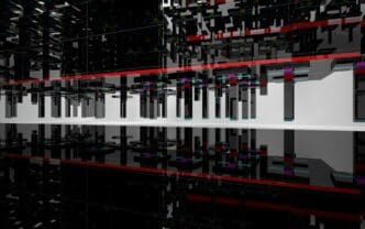 Black and white photograph of a building with a bold red line running across the top.