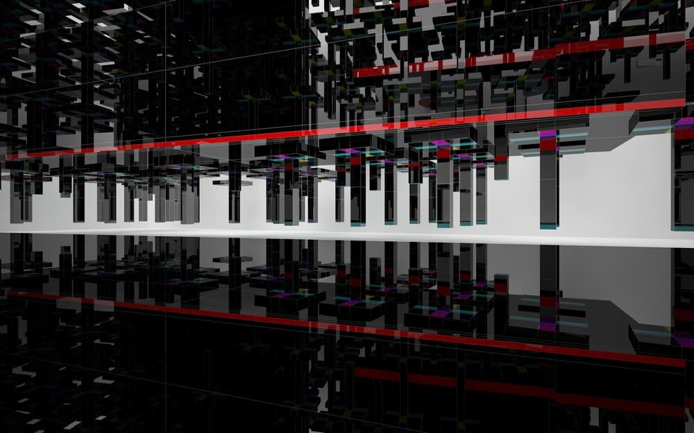 Black and white photograph of a building with a bold red line running across the top.