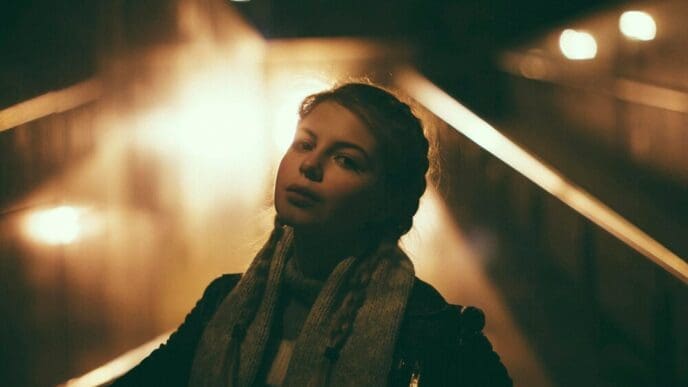 Blurred image of a woman walking at night, likely due to motion blur.