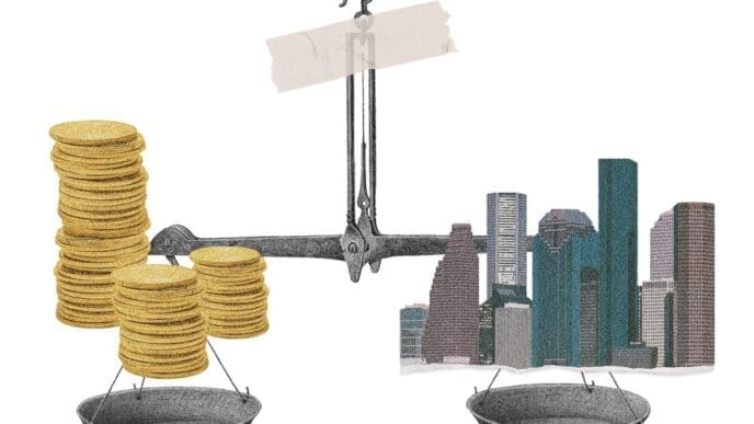 A collage shows buildings and money on a scale, suggesting real estate value.
