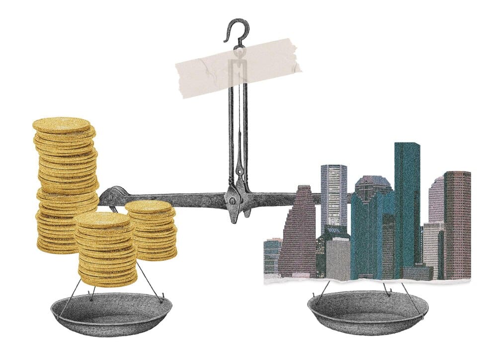 A collage shows buildings and money on a scale, suggesting real estate value.