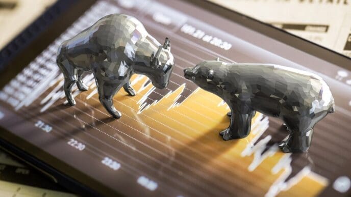 A stock market chart shows both an upward trend representing a bull market and a downward trend representing a bear market.