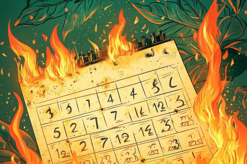 A calendar page is open to a date with a title that reads "Burning Days".