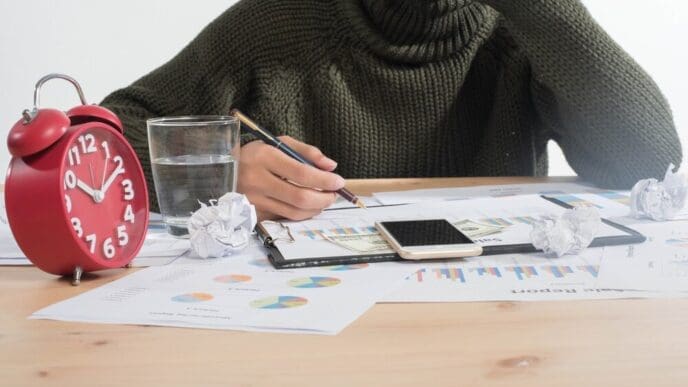Close-up, top-down view of business people analyzing graphs, illustrating business analysis and strategy.