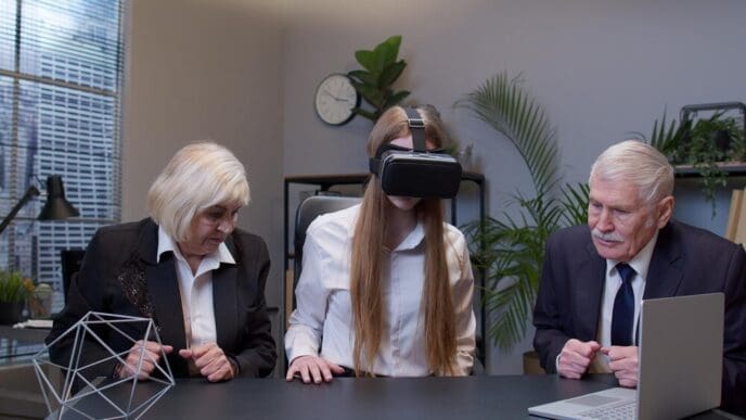 Two business colleagues, a man and a woman, collaborate at a desk in a modern office setting.