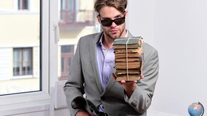A businessman in sunglasses sits, likely outdoors, in a business composition.