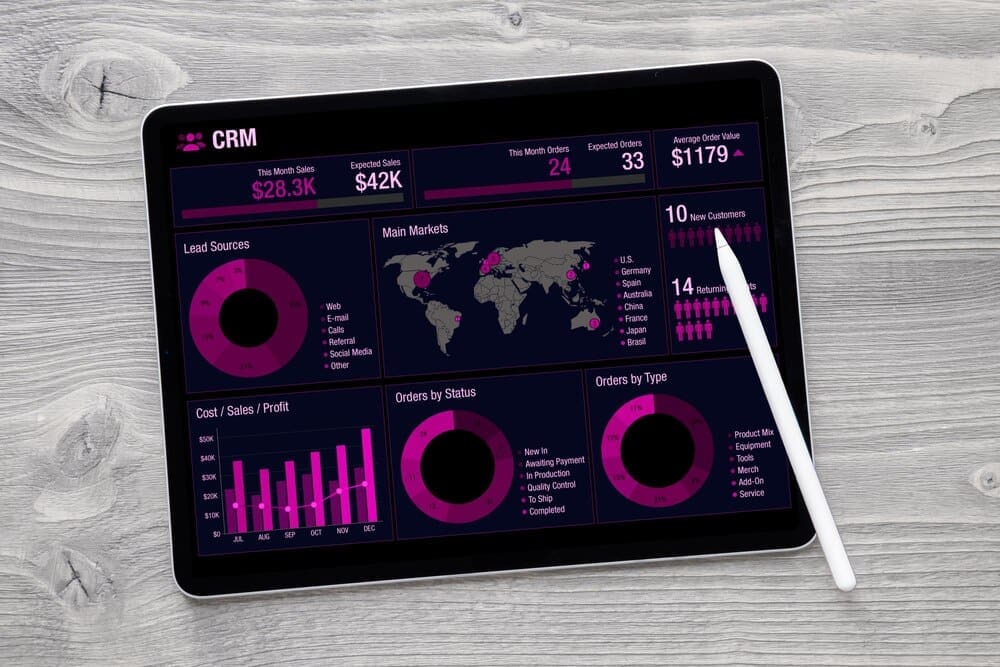 Tablet computer screen displaying charts and infographics from a business data analytics application.
