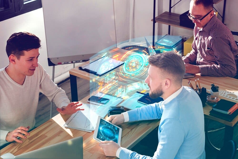 A collage of futuristic business interface designs with overlapping elements and data visualizations.