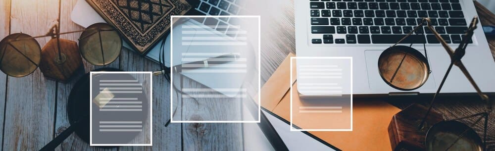 Business people and lawyers in an office discuss contract papers, with a brass scale on the desk, representing legal and justice concepts.