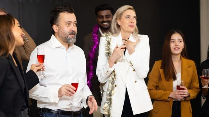 Diverse business people celebrating a success with dancing and applause at a party.