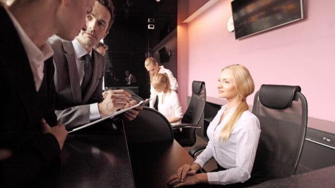 Business people filling out forms at a front desk.