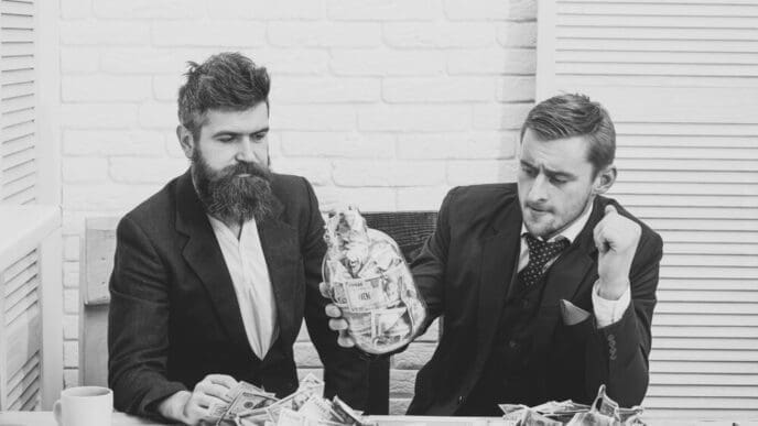 Business partners looking thoughtful at a meeting with a jar of cash in an office.