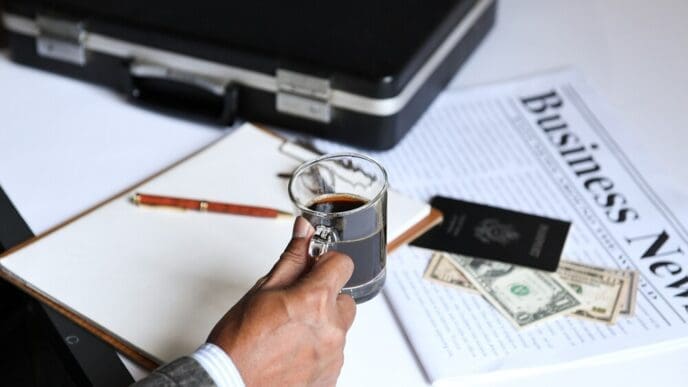 A businessman holds a cup of coffee and a newspaper.