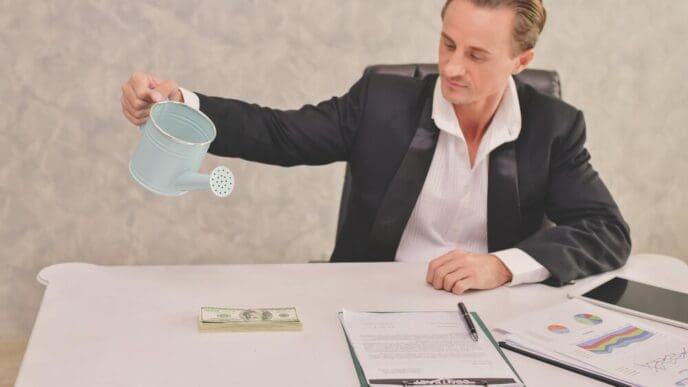 A businessman waters stacks of paper currency with a watering can in an office setting.