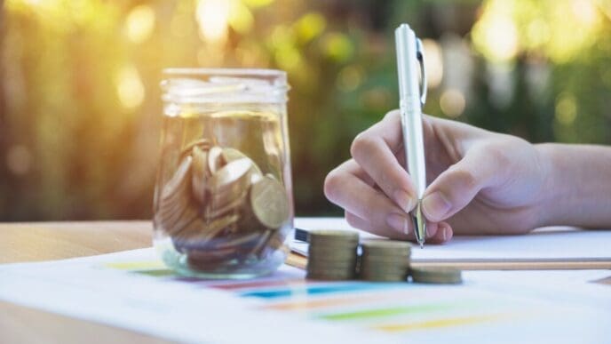 A businesswoman analyzes financial data while stacks of coins sit on the table.