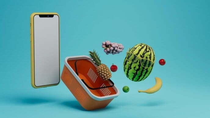 A person uses a smartphone to order fruit, with a large basket of fruits in the background.