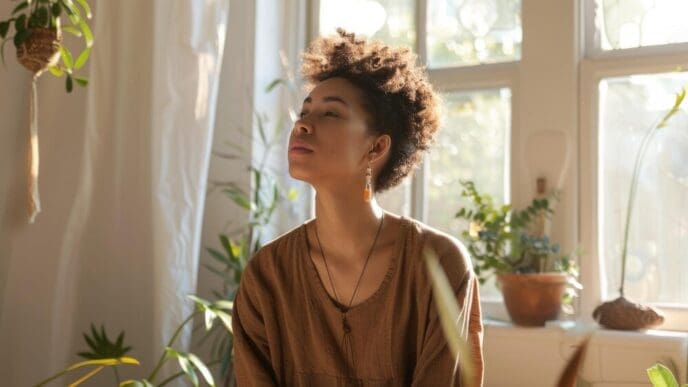 A young woman sits calmly in a brightly lit room filled with plants, exuding tranquility.