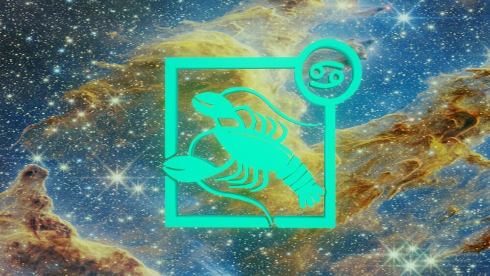 A brightly colored space flight travels through a constellation representing the Cancer zodiac sign.