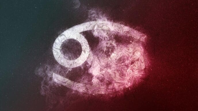 White and red abstract graphic of the Cancer zodiac sign against a dark night sky background.