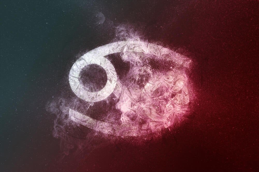 White and red abstract graphic of the Cancer zodiac sign against a dark night sky background.