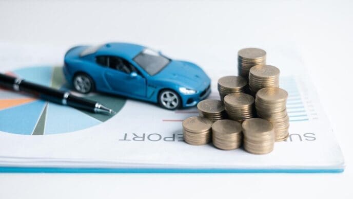 A toy car sits on a stack of coins, illustrating concepts of car loans, savings, and financial planning.