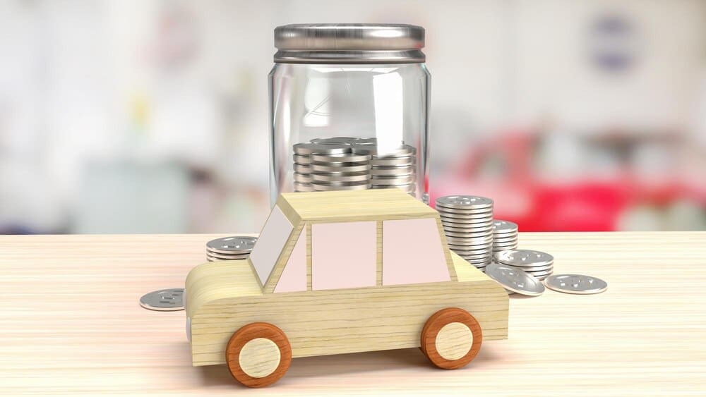 3D rendering of a wooden toy car with coins in a jar, representing a savings concept.