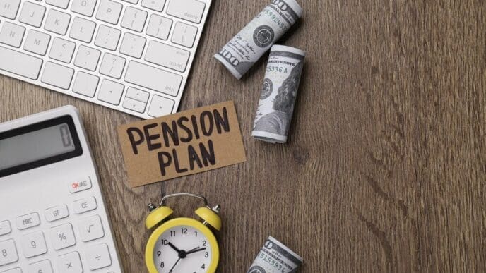 A flat lay shows a card with "Pension Plan" written on it, surrounded by banknotes, a calculator, and an alarm clock on a wooden office table.