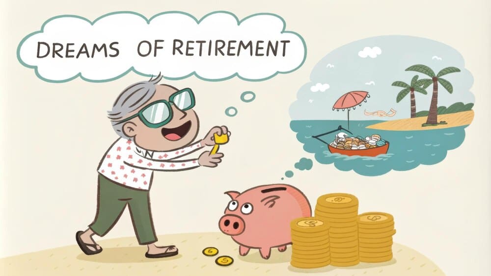 A cartoon character smiles while putting coins into a piggy bank, with thought bubbles depicting retirement plans.