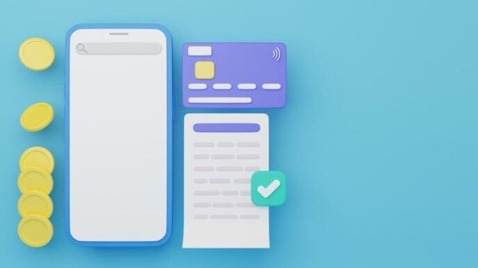 Cartoon smartphone displaying a minimal online payment interface.