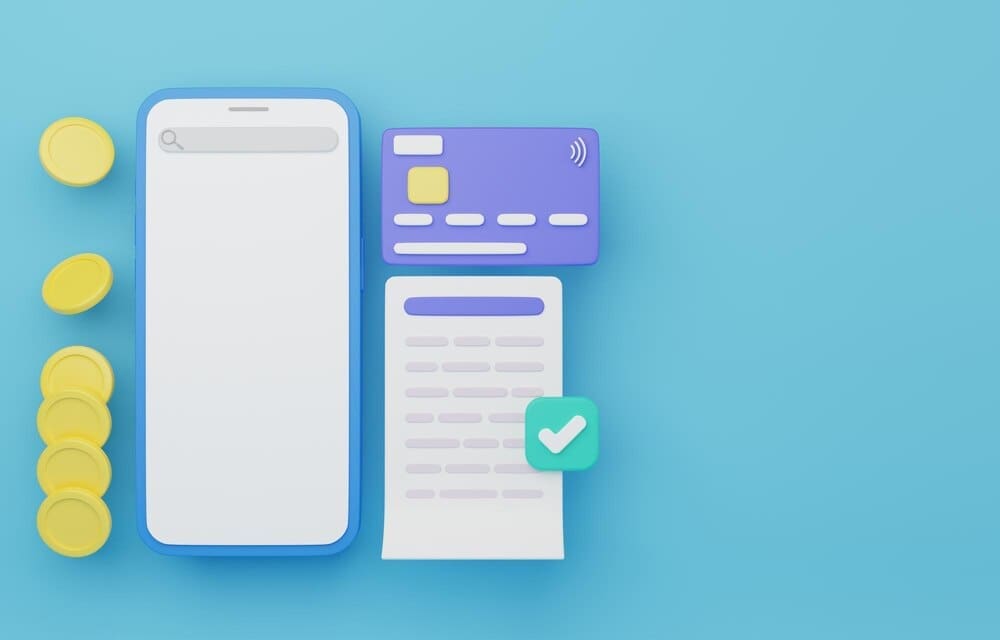 Cartoon smartphone displaying a minimal online payment interface.