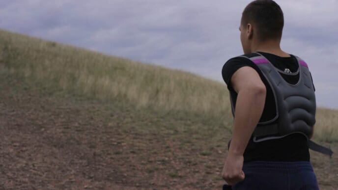 A Caucasian man runs uphill on a steep, dusty trail in a mountainous, arid environment.