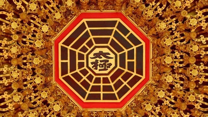 Ornate wood carving on a temple ceiling depicts a Chinese scene with the words "TAI CHI" inscribed, representing the Supreme Ultimate.