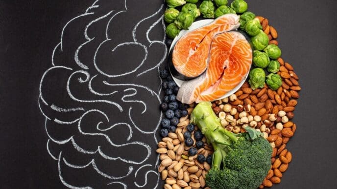 A top-down view showcases a chalk-drawn brain illustration surrounded by various foods like salmon, vegetables, nuts, and berries, symbolizing brain-healthy nutrition against a black backdrop.
