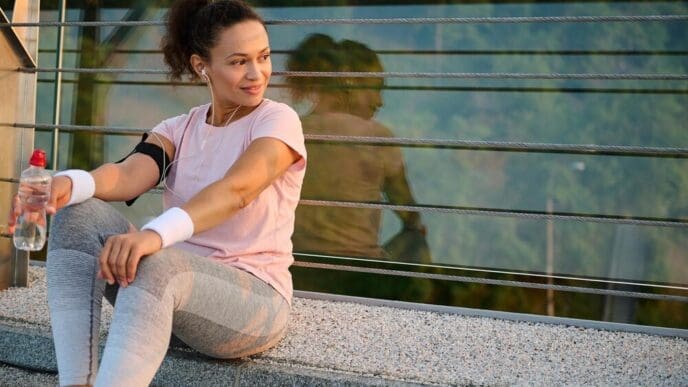 A Black woman in athletic wear rests on a city bridge, holding a water bottle after a morning run at sunrise.
