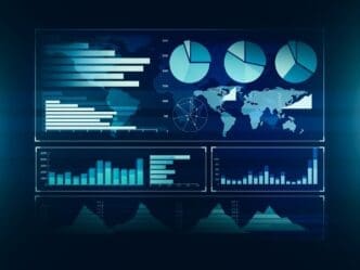 Line graph showing an uptrend, bar chart, and diagram are displayed in a bull market on a dark blue background.