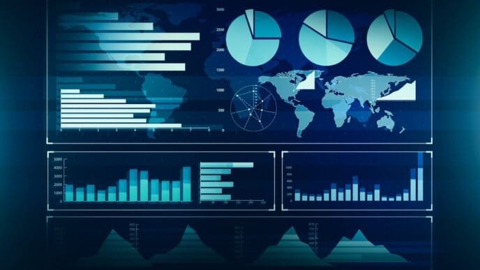 Line graph showing an uptrend, bar chart, and diagram are displayed in a bull market on a dark blue background.