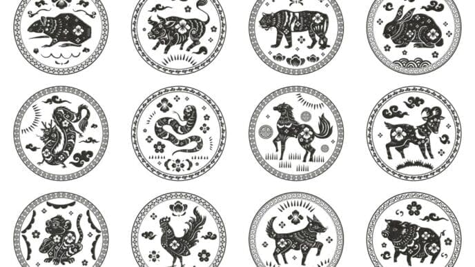 Set of black stickers featuring the twelve animals of the Chinese zodiac.