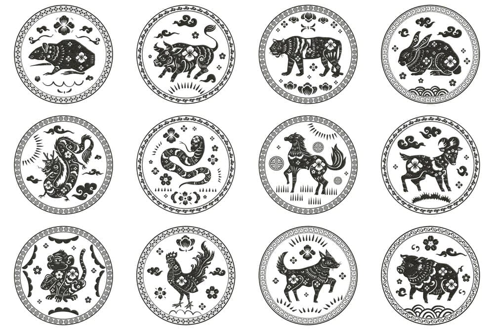 Set of black stickers featuring the twelve animals of the Chinese zodiac.