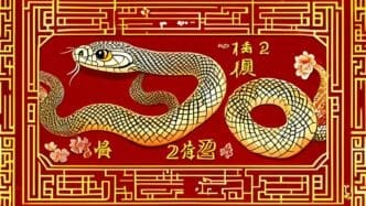 Banner for the Chinese Lunar New Year 2025 featuring a golden, floral patterned snake.