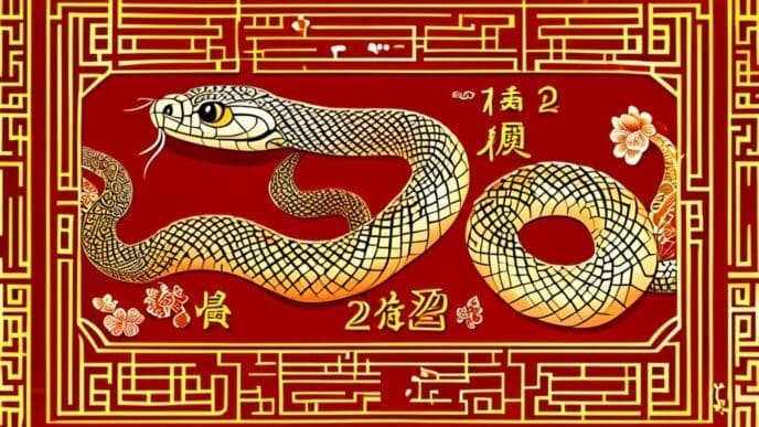 Banner for the Chinese Lunar New Year 2025 featuring a golden, floral patterned snake.